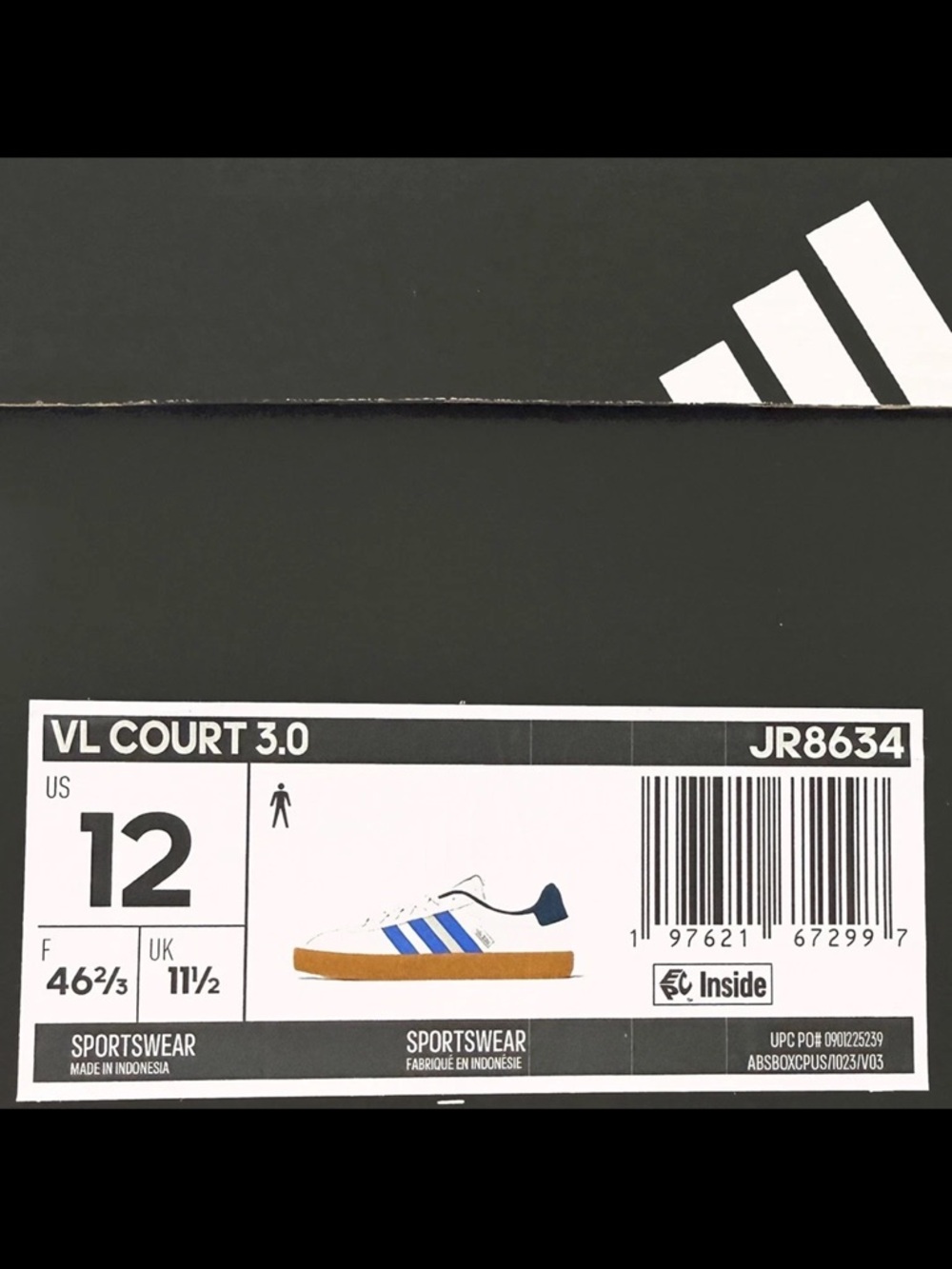adidas VL Court 3.0 Sneakers - White with Blue Stripes & Gum - Picture 3 of 9